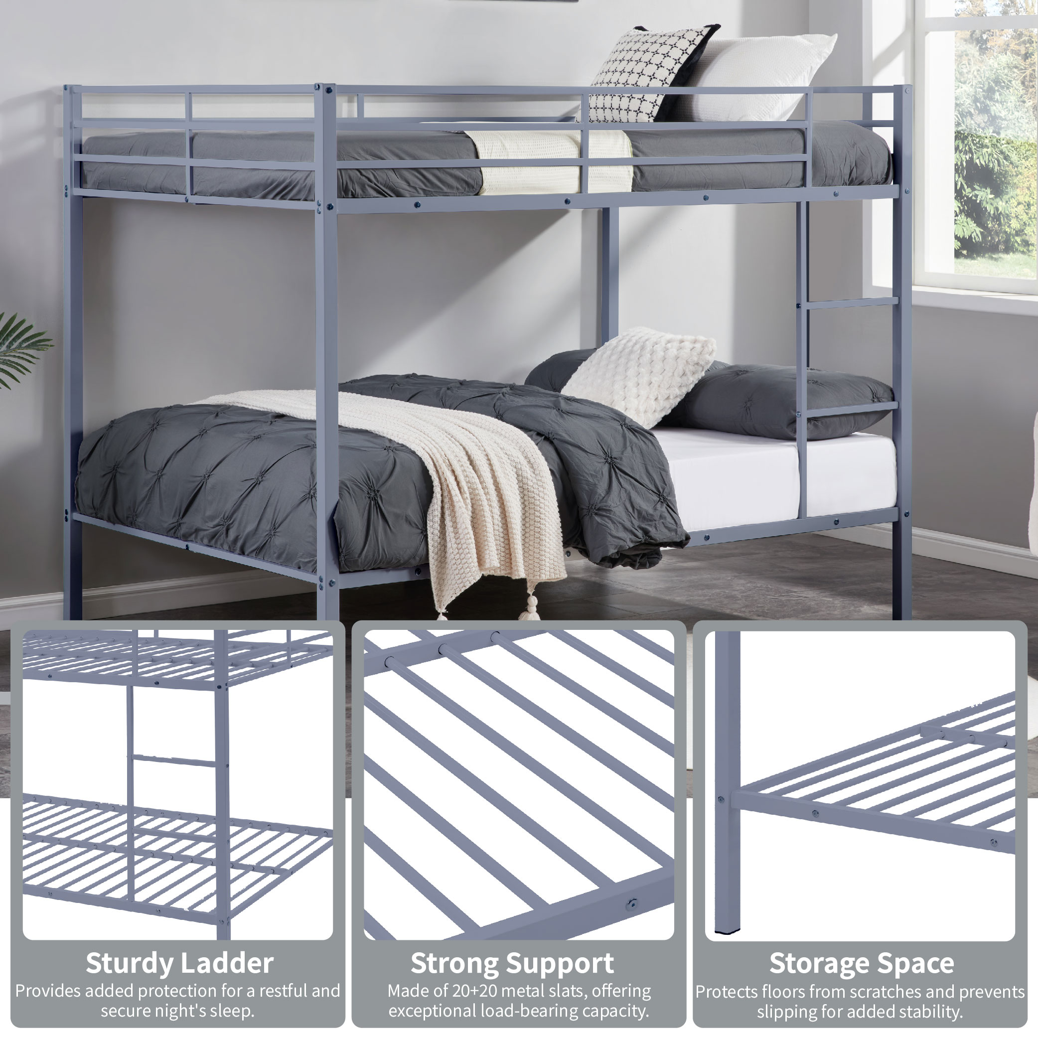 Full Over Full Bunk Bed, Heavy Duty Metal Bunk Bed Frame with Built-in Ladder and Safety Guard Rail, Low Metal Bunk Bed Frame for Kids, No Boxspring Required, For Small Spaces,Gray Full Over Full Bunk Bed, Heavy Duty Metal Bunk Bed Frame with Built-in Ladder and Safety Guard Rail, Low Metal Bunk Bed Frame for Kids, No Boxspring Required, For Small Spaces,Gray